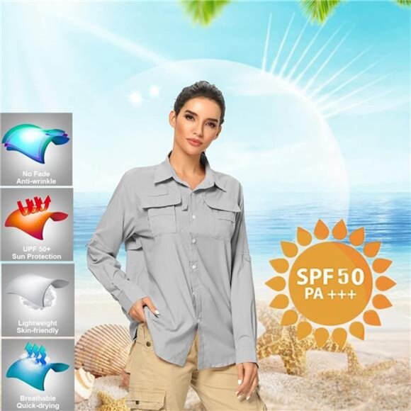 50+ UV Sun Protection Safari Shirt, Long Sleeve Outdoor Cool Quick - Picture 5 of 7